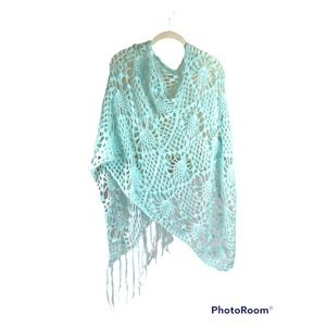 Hand Crocheted Blue fluffy Poncho With Fringe Y2K Cottage Core